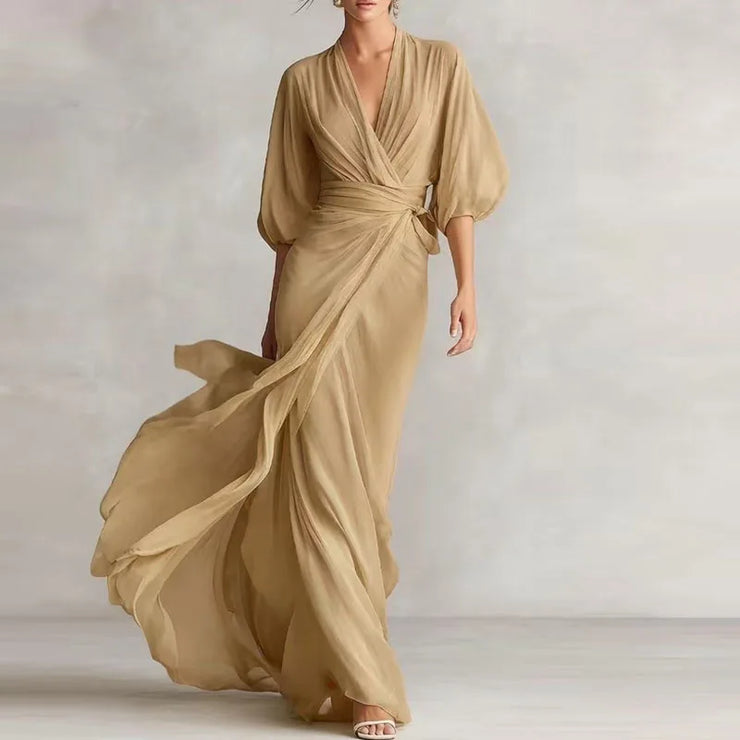 Deep V-Neck Raglan Sleeves Waist Long Dress
